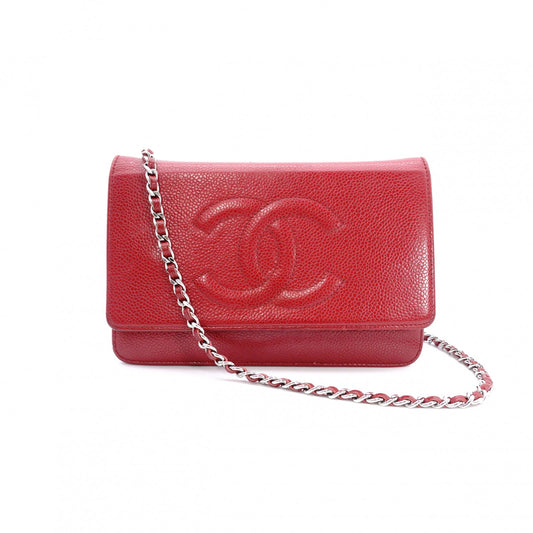 CHANEL Shoulder Bag, Leather, Red, Crossbody, Caviar Leather, Silver Hardware