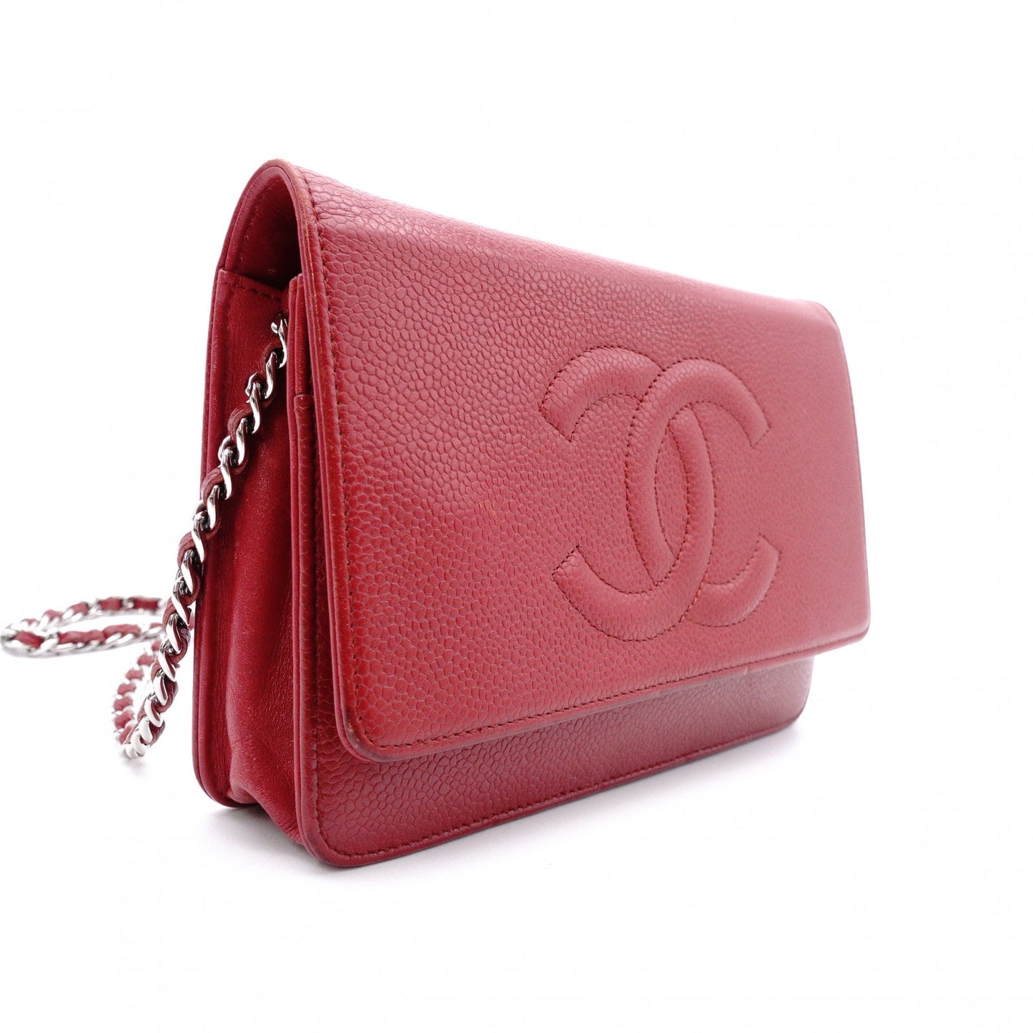 CHANEL Shoulder Bag, Leather, Red, Crossbody, Caviar Leather, Silver Hardware