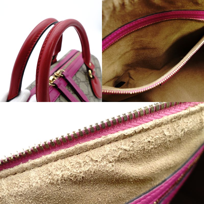 GUCCI Mini Boston Bag GG Supreme Pink Red Beige Handbag 2-Way PVC 7-12-299