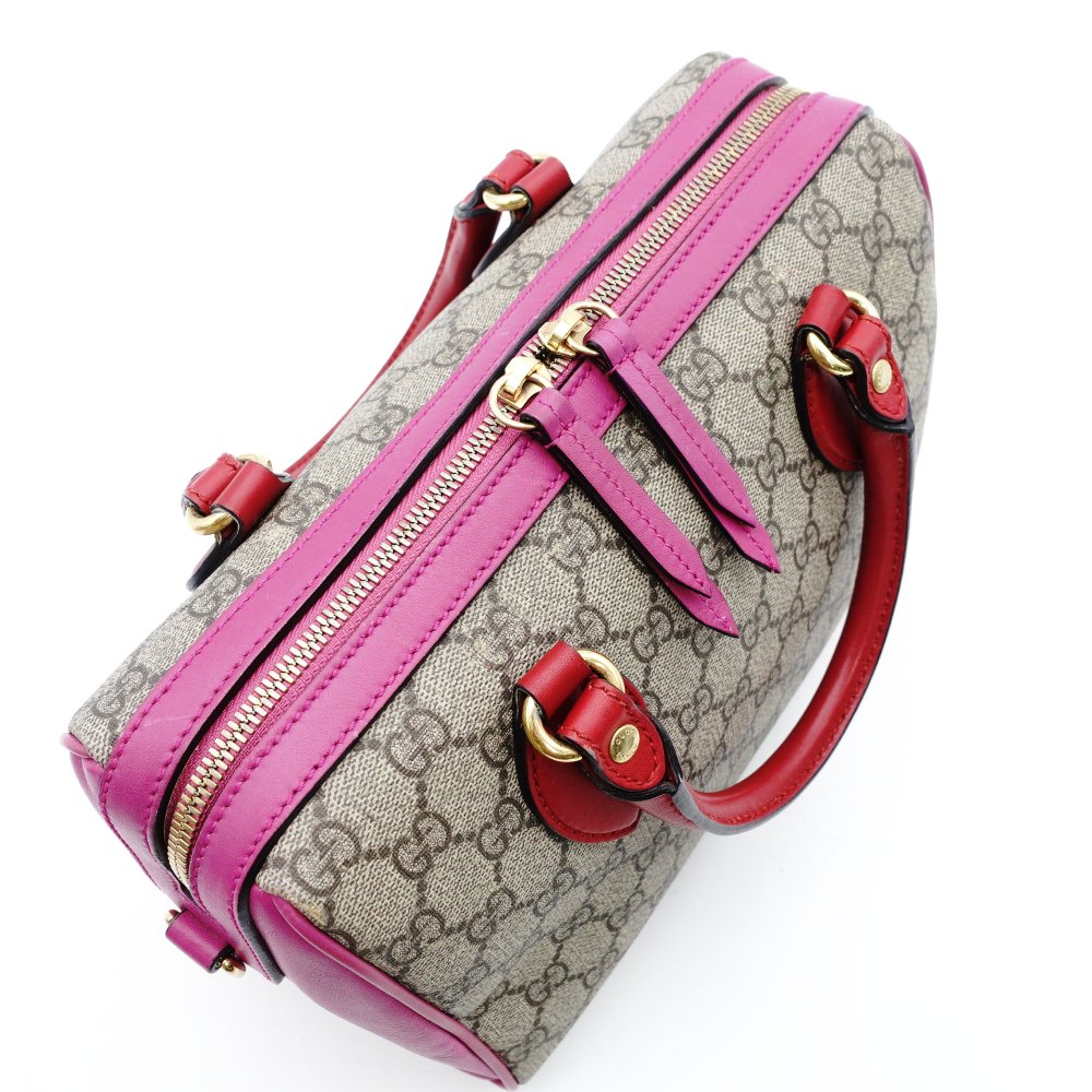 GUCCI Mini Boston Bag GG Supreme Pink Red Beige Handbag 2-Way PVC 7-12-299