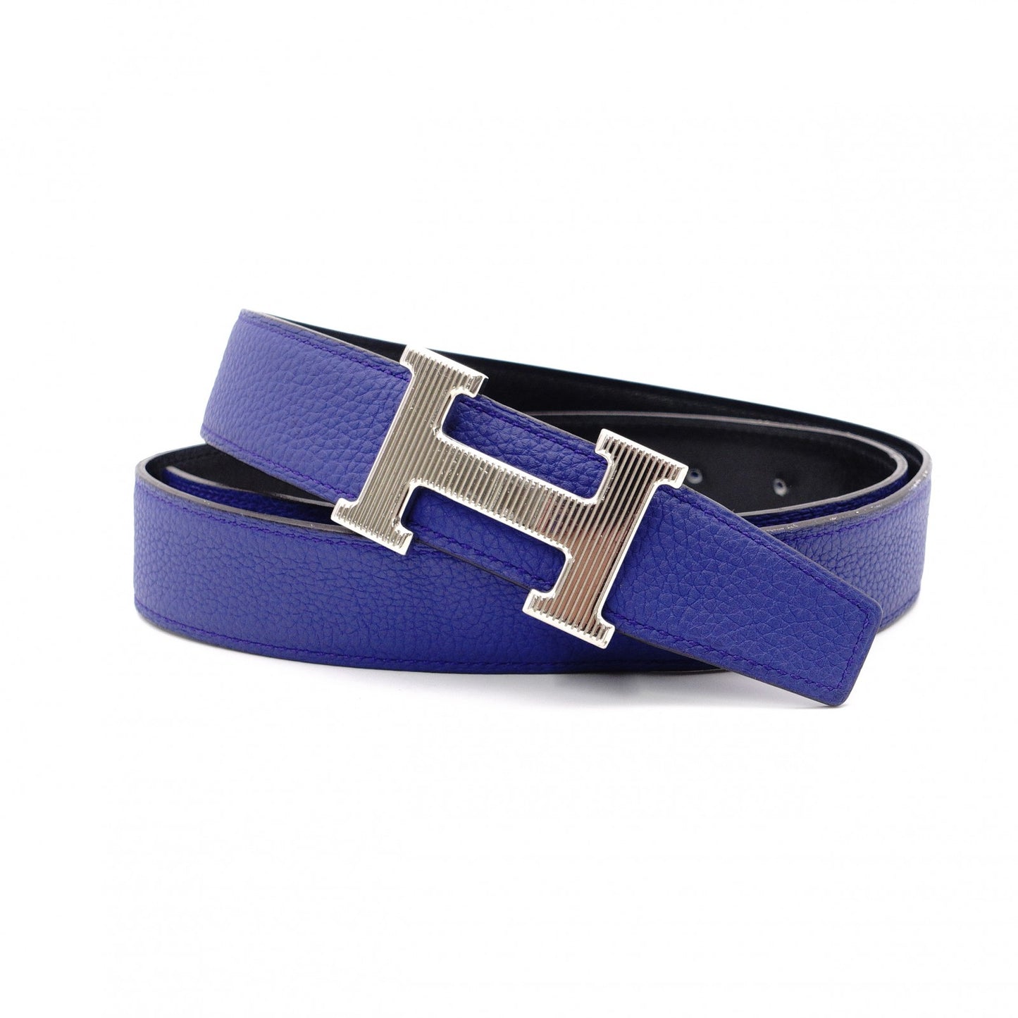 HERMES H Belt, Leather, Men's, Blue x Black, Size 95, Reversible