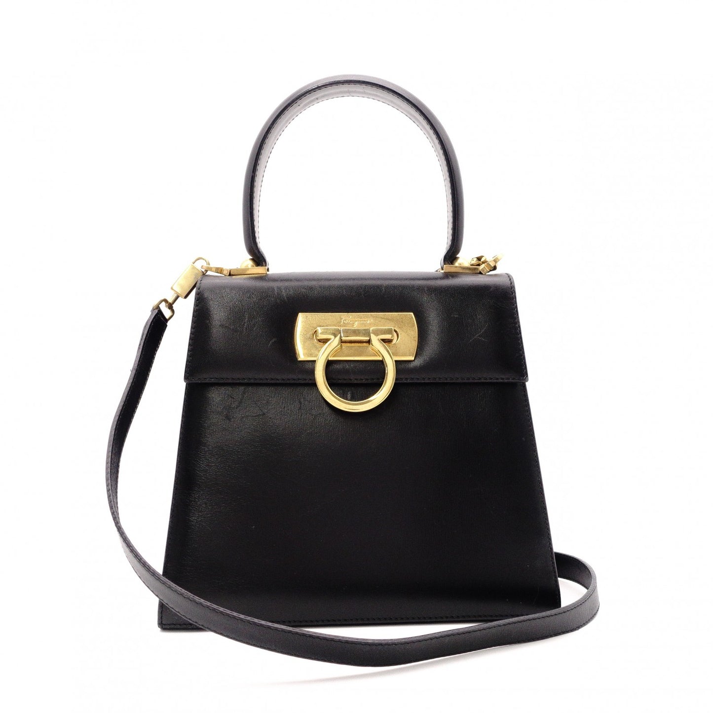 Salvatore Ferragamo Gancini Handbag, 2-Way, Leather, Black, Women's