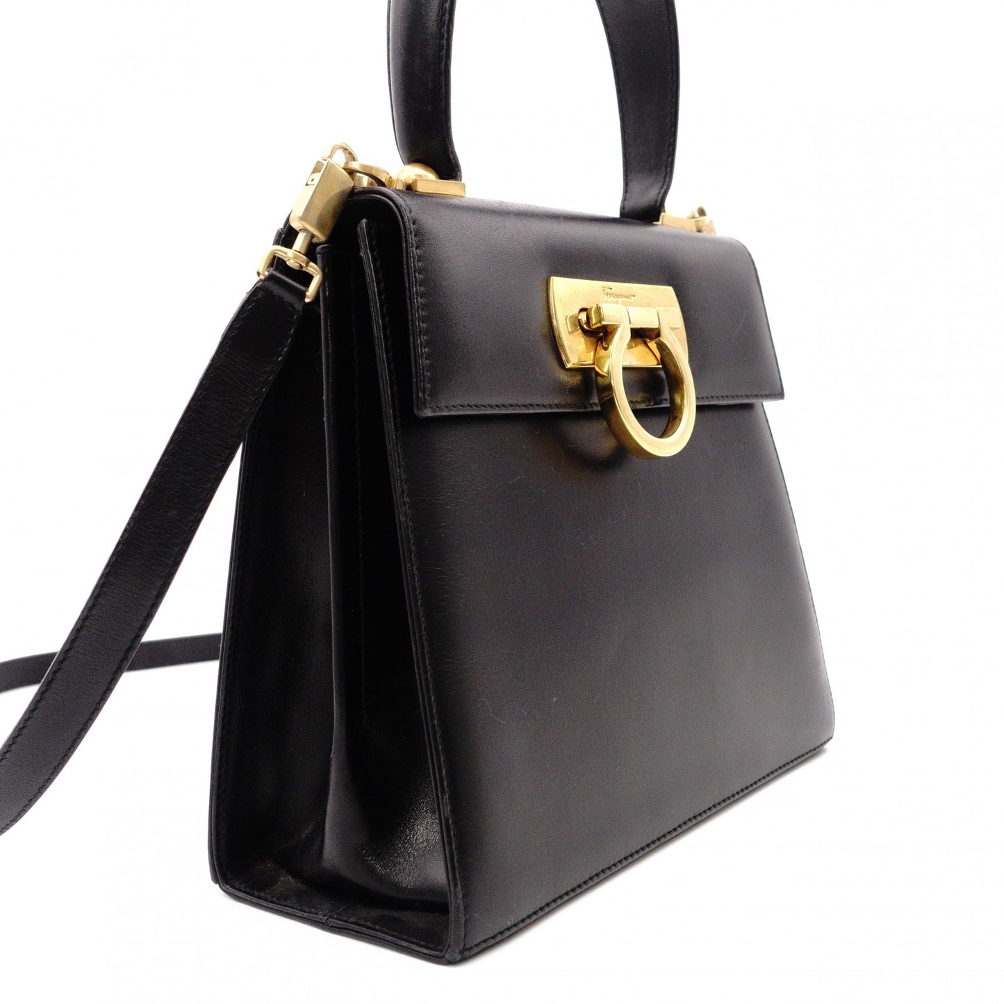 Salvatore Ferragamo Gancini Handbag, 2-Way, Leather, Black, Women's