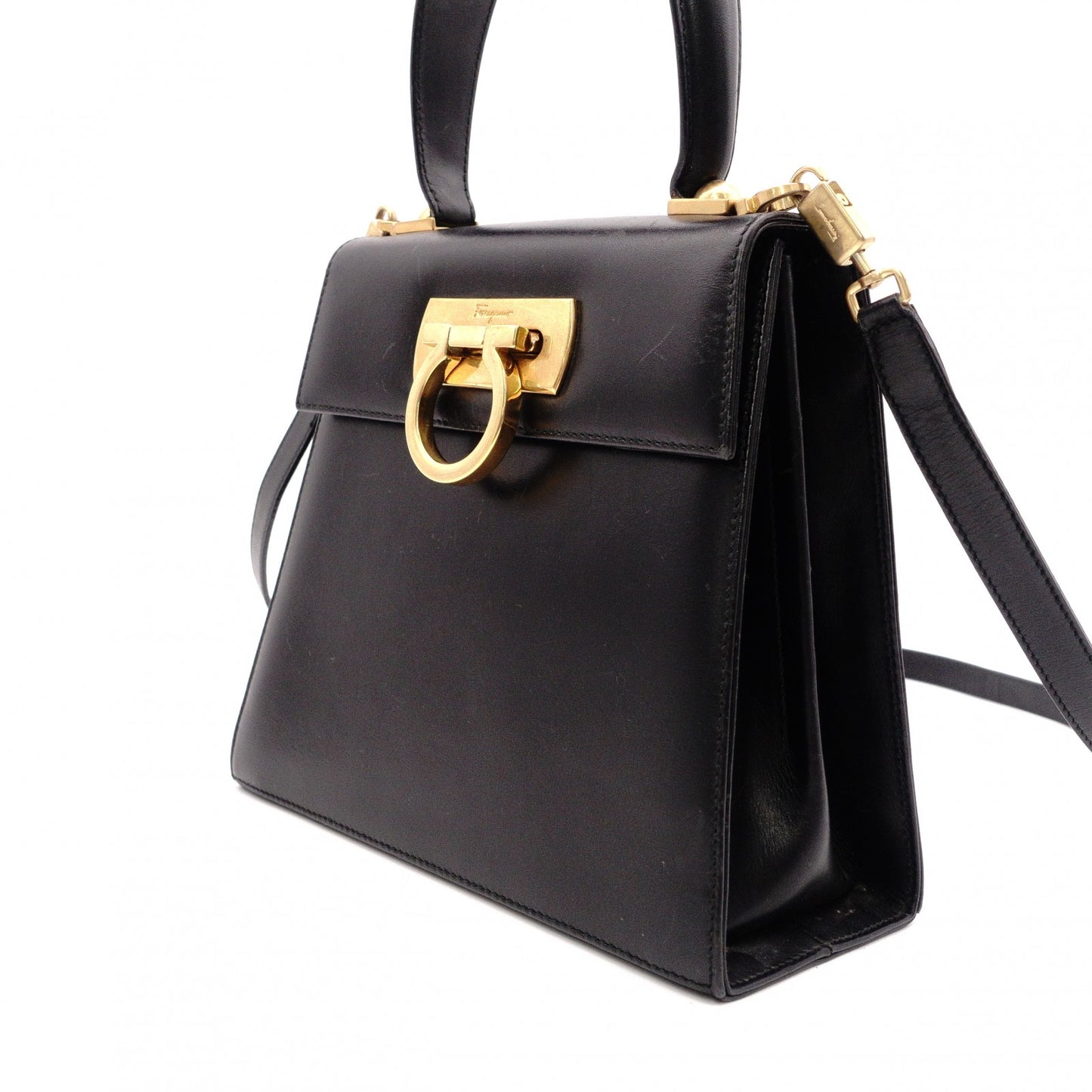 Salvatore Ferragamo Gancini Handbag, 2-Way, Leather, Black, Women's