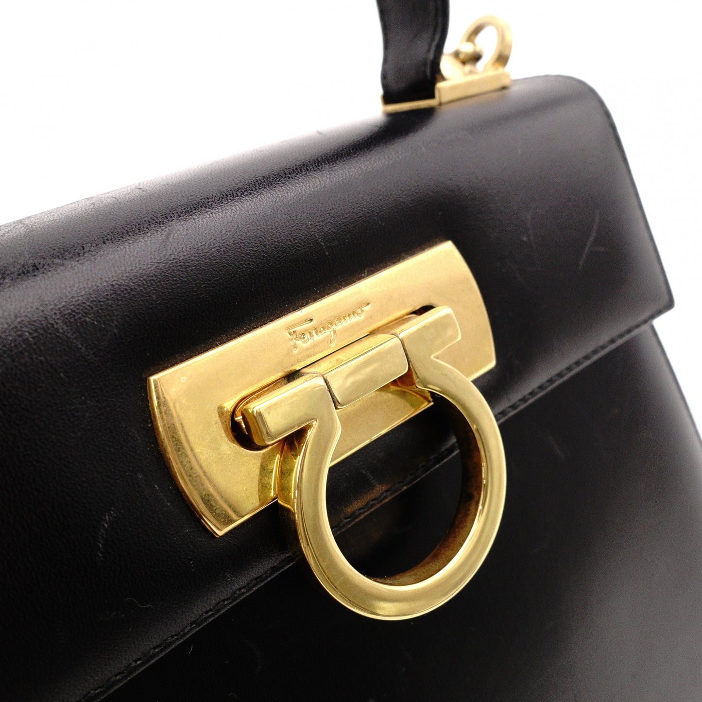 Salvatore Ferragamo Gancini Handbag, 2-Way, Leather, Black, Women's