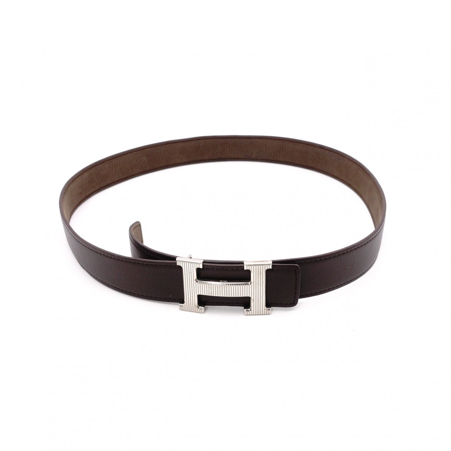 HERMES H Belt, Leather, Brown, Reversible, Size 85, Silver Hardware