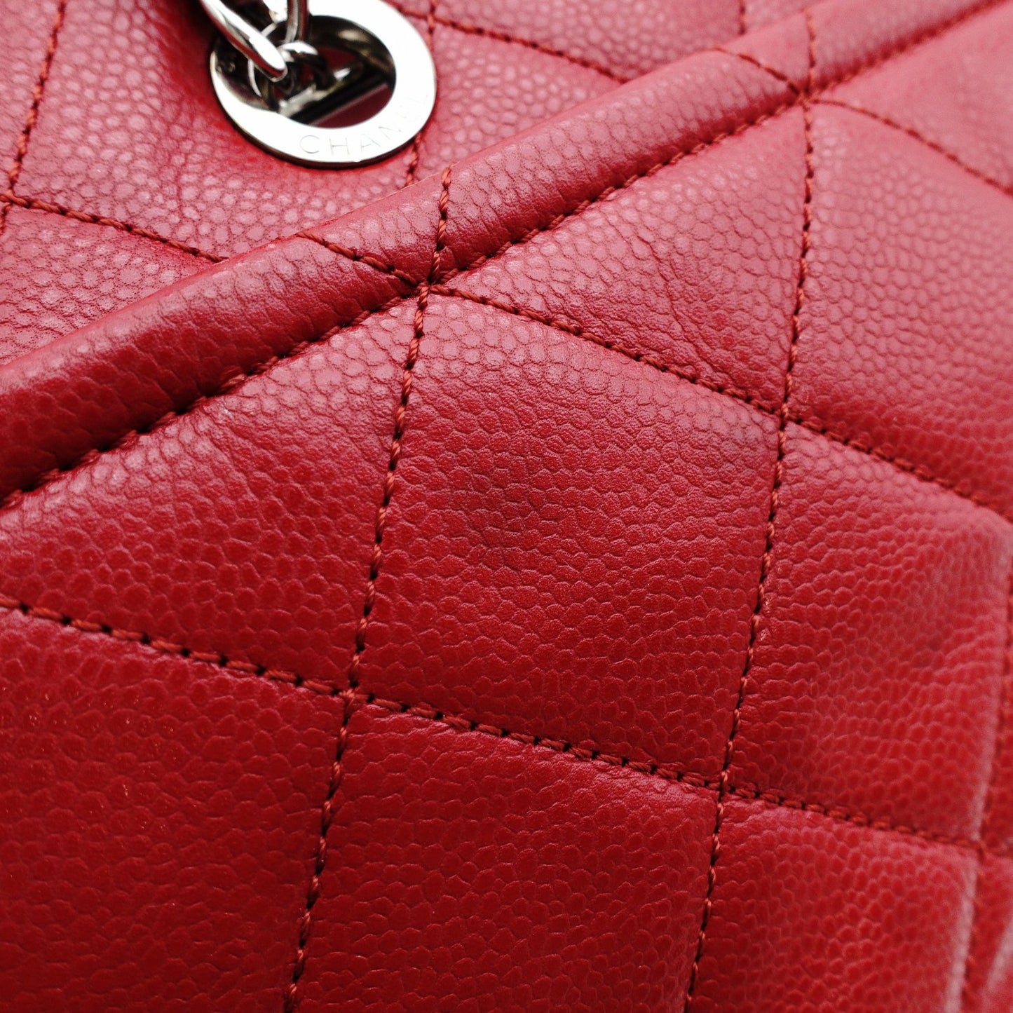 CHANEL Matelassé Shoulder Bag, Leather, Red Caviar Skin, Silver Hardware