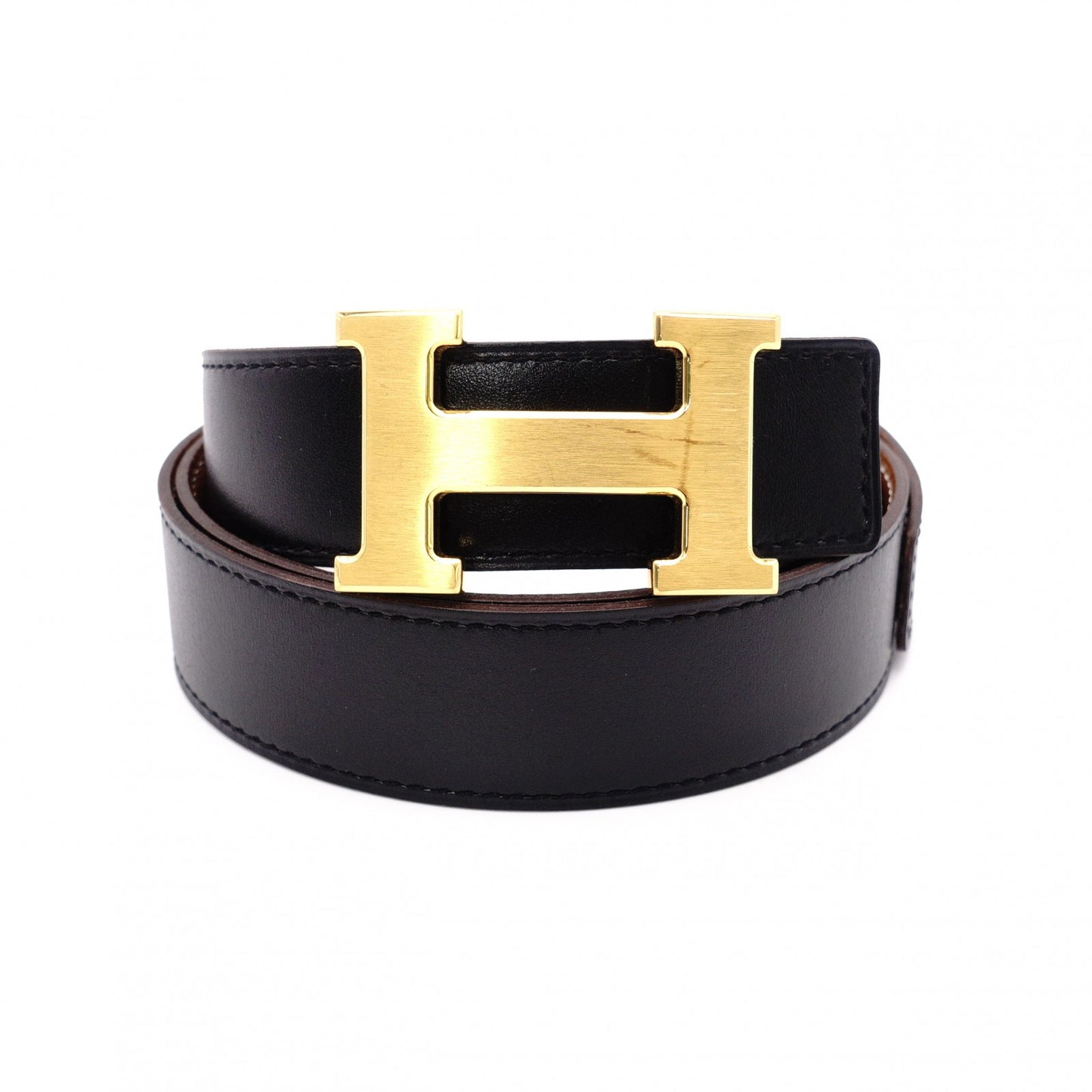 HERMES H Belt, Leather, Black/Brown, Reversible, Gold Hardware, Size 90