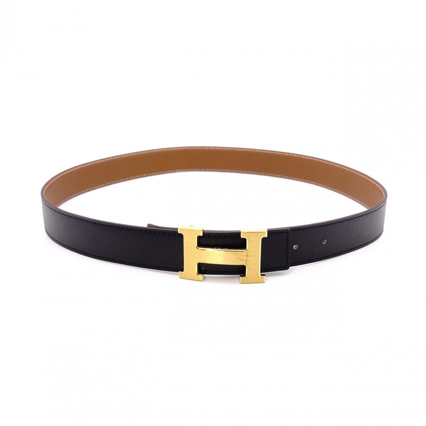 HERMES H Belt, Leather, Black/Brown, Reversible, Gold Hardware, Size 90