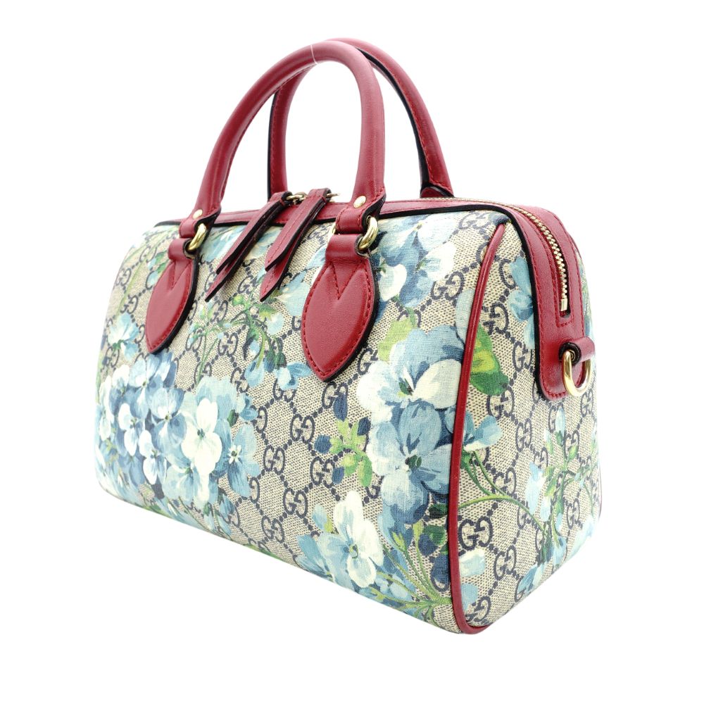 GUCCI Floral Mini Boston Bag GG Supreme Red Beige Handbag 2-Way PVC 7-11-846