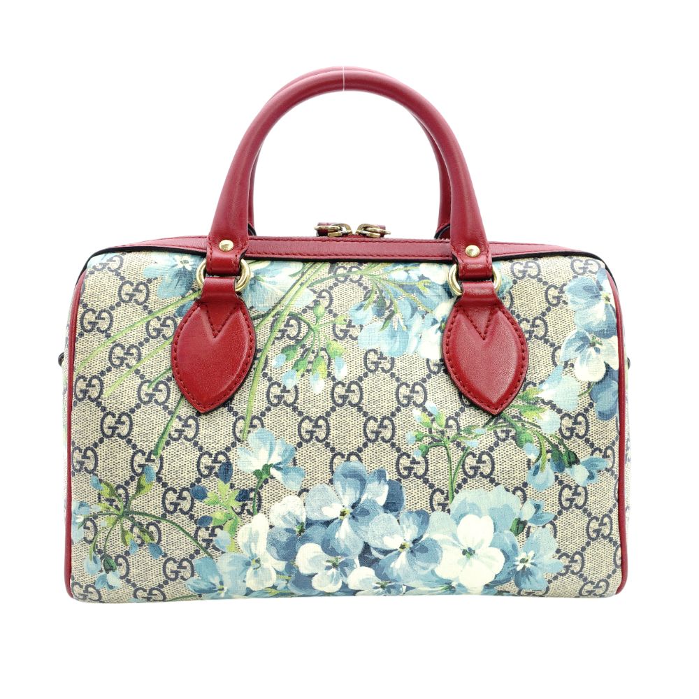 GUCCI Floral Mini Boston Bag GG Supreme Red Beige Handbag 2-Way PVC 7-11-846