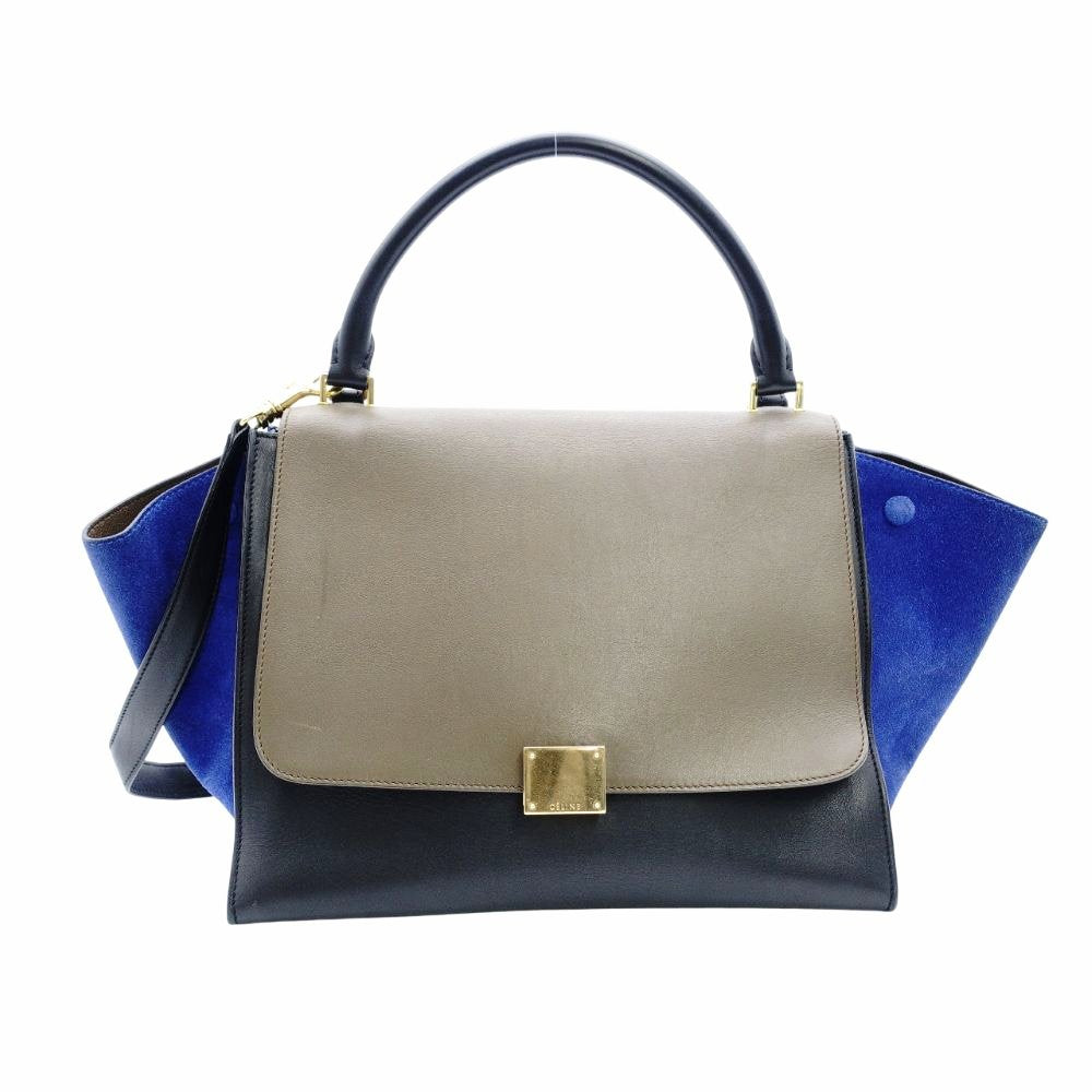 Céline Trapeze Handbag Brown × Black × Blue 2-Way Suede Leather Shoulder 7-12-372