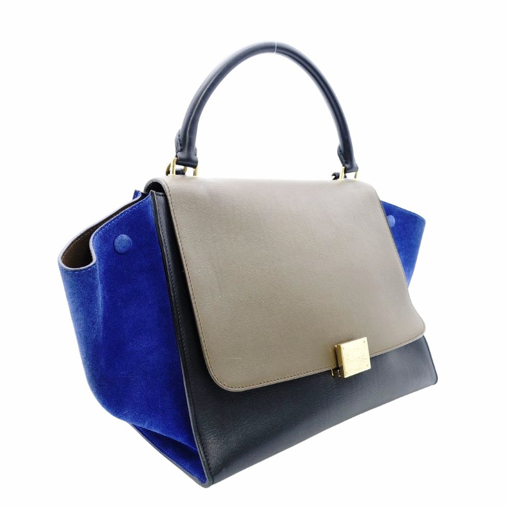 Céline Trapeze Handbag Brown × Black × Blue 2-Way Suede Leather Shoulder 7-12-372