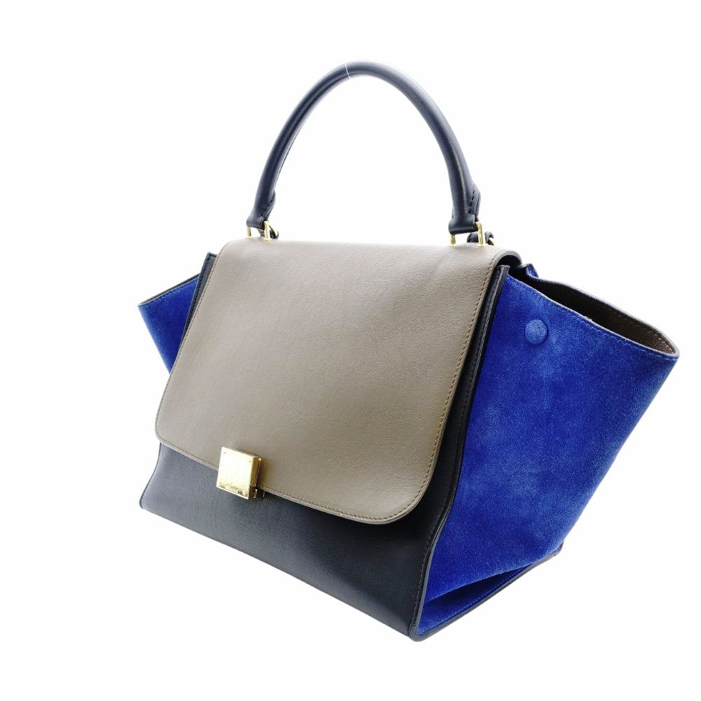 Céline Trapeze Handbag Brown × Black × Blue 2-Way Suede Leather Shoulder 7-12-372