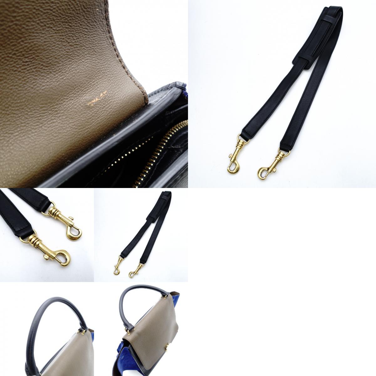 Céline Trapeze Handbag Brown × Black × Blue 2-Way Suede Leather Shoulder 7-12-372