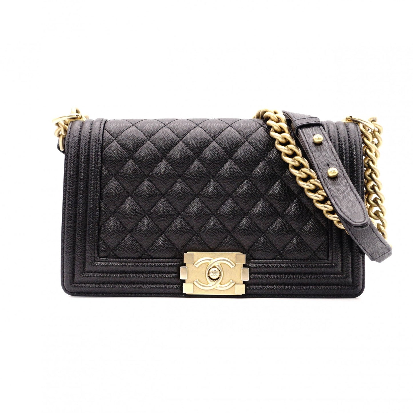 CHANEL Caviar Skin Boy Chanel Shoulder Bag, Leather, Black, Gold Hardware