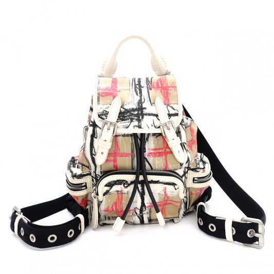 BURBERRY Graffiti Check Backpack, Cotton, Beige Check
