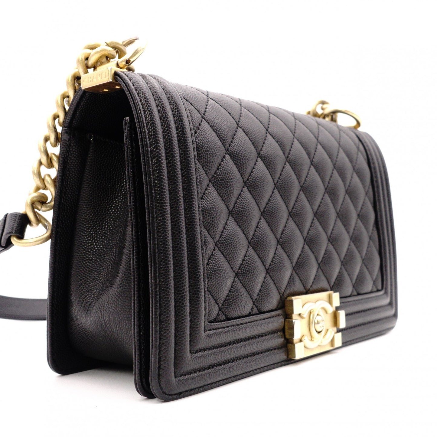 CHANEL Caviar Skin Boy Chanel Shoulder Bag, Leather, Black, Gold Hardware