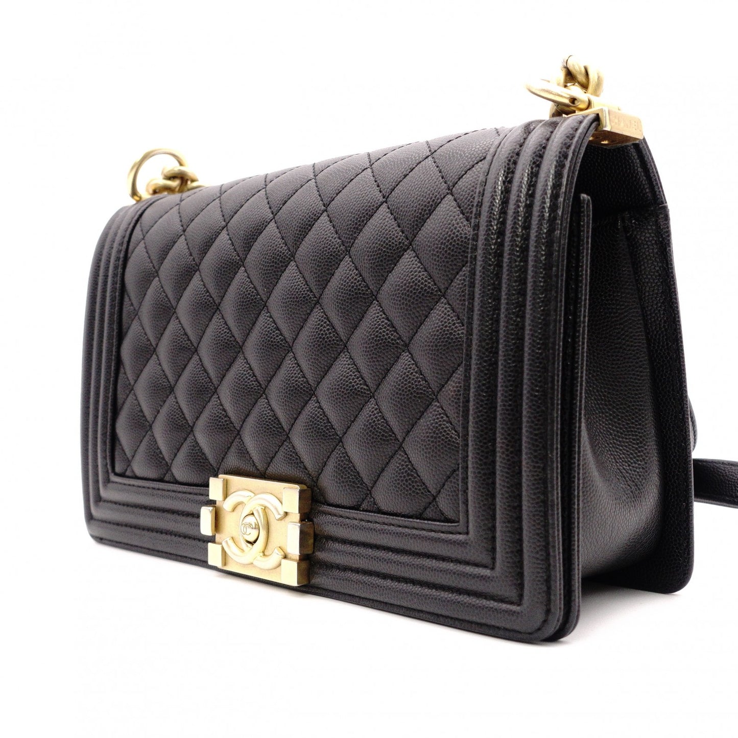 CHANEL Caviar Skin Boy Chanel Shoulder Bag, Leather, Black, Gold Hardware