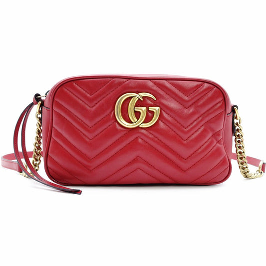 GUCCI GG Marmont Chain Shoulder Bag Leather Red Crossbody Red Gold Hardware 7-12-461