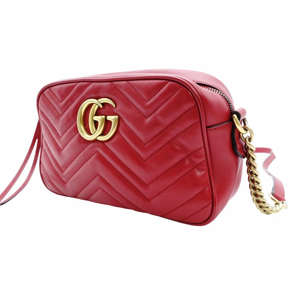 GUCCI GG Marmont Chain Shoulder Bag Leather Red Crossbody Red Gold Hardware 7-12-461