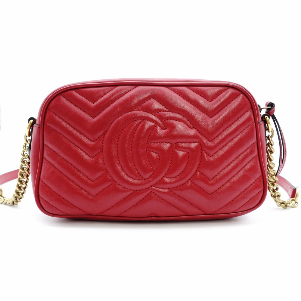 GUCCI GG Marmont Chain Shoulder Bag Leather Red Crossbody Red Gold Hardware 7-12-461