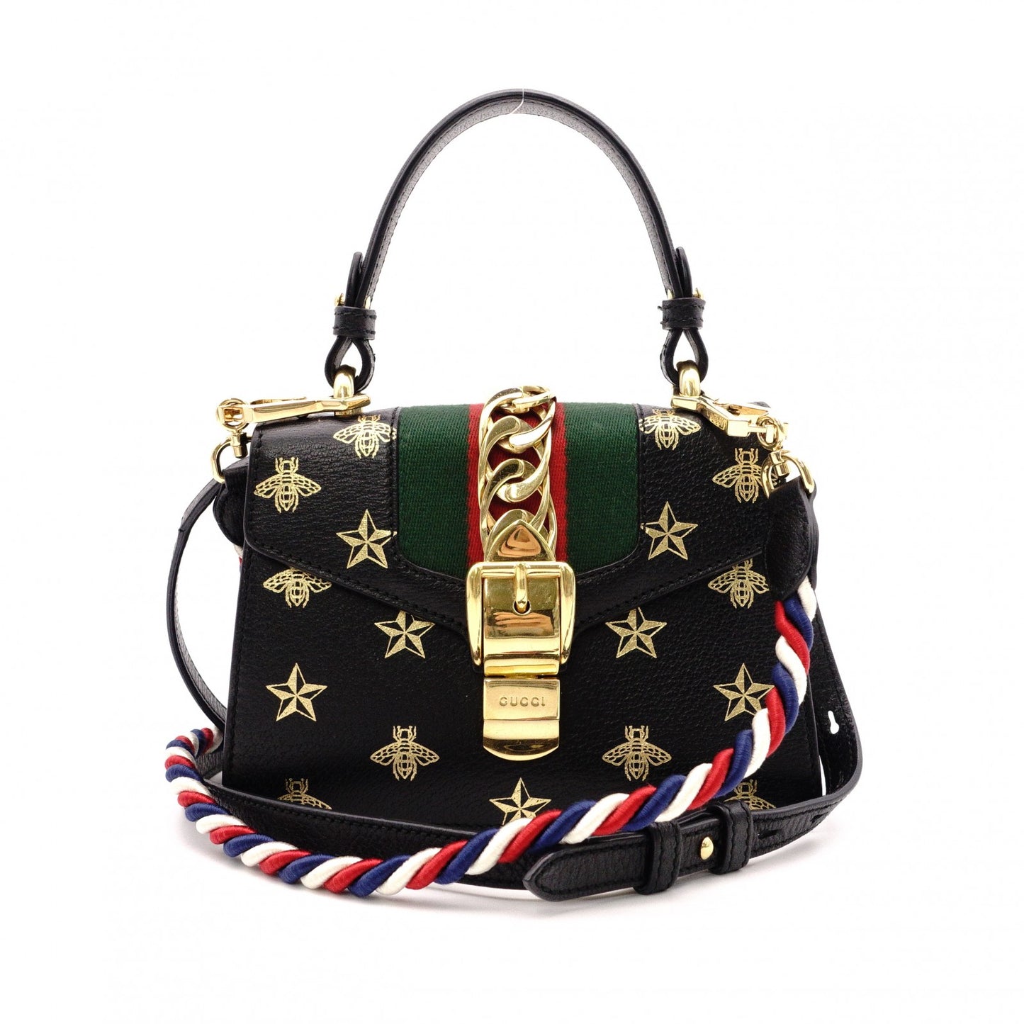 GUCCI Sylvie Bee & Star Print Sherry Line 2-Way Leather Shoulder Bag, Black, Women's