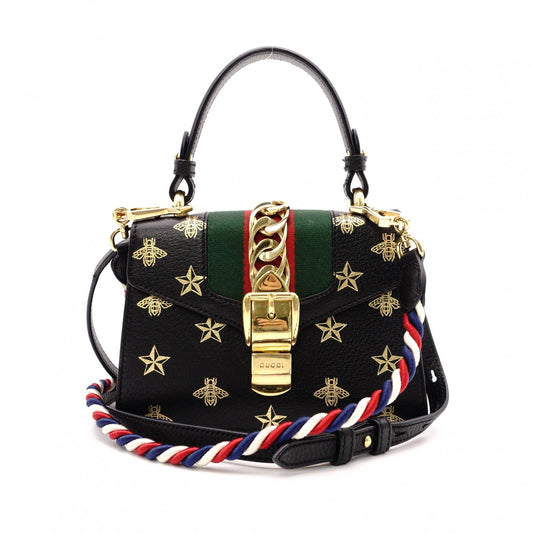GUCCI Sylvie Bee & Star Print Sherry Line 2-Way Leather Shoulder Bag, Black, Women's