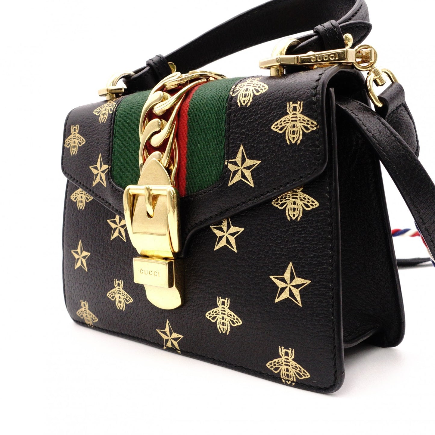 GUCCI Sylvie Bee & Star Print Sherry Line 2-Way Leather Shoulder Bag, Black, Women's