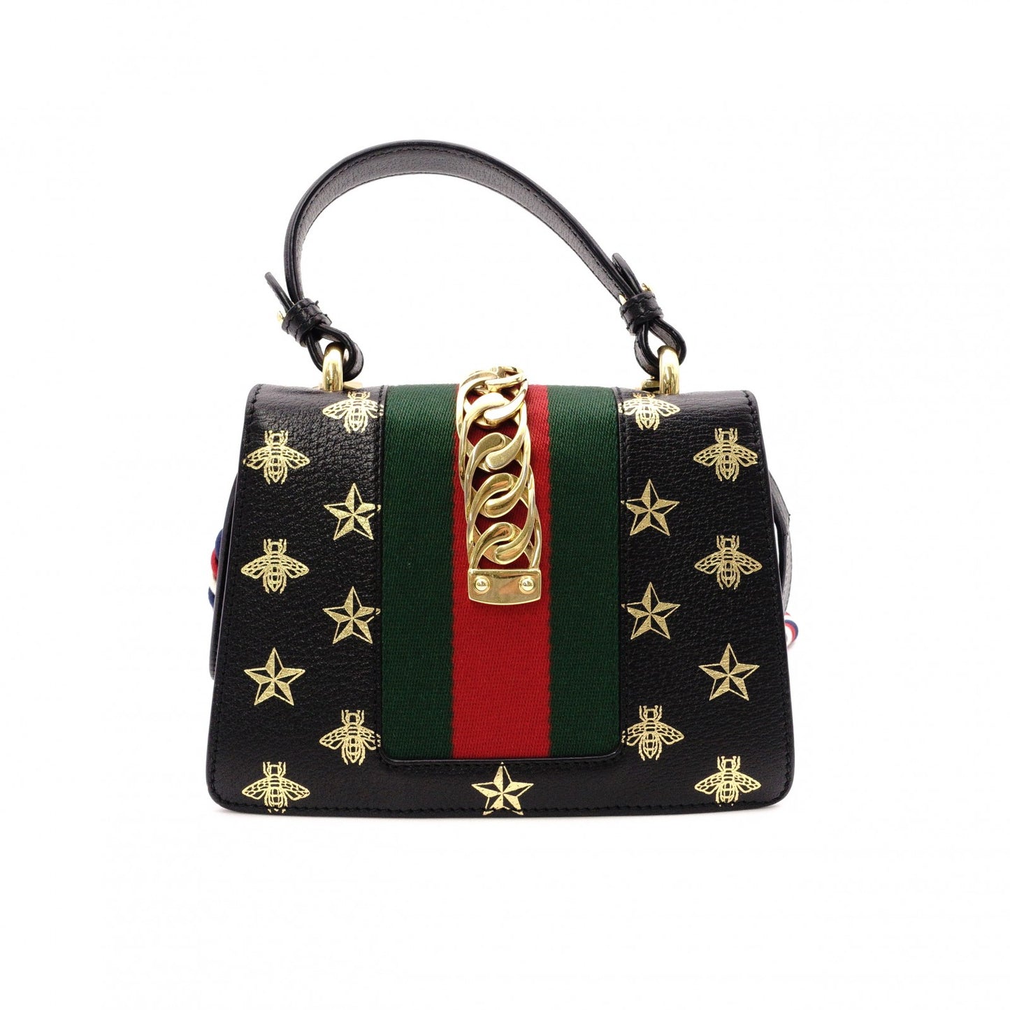 GUCCI Sylvie Bee & Star Print Sherry Line 2-Way Leather Shoulder Bag, Black, Women's