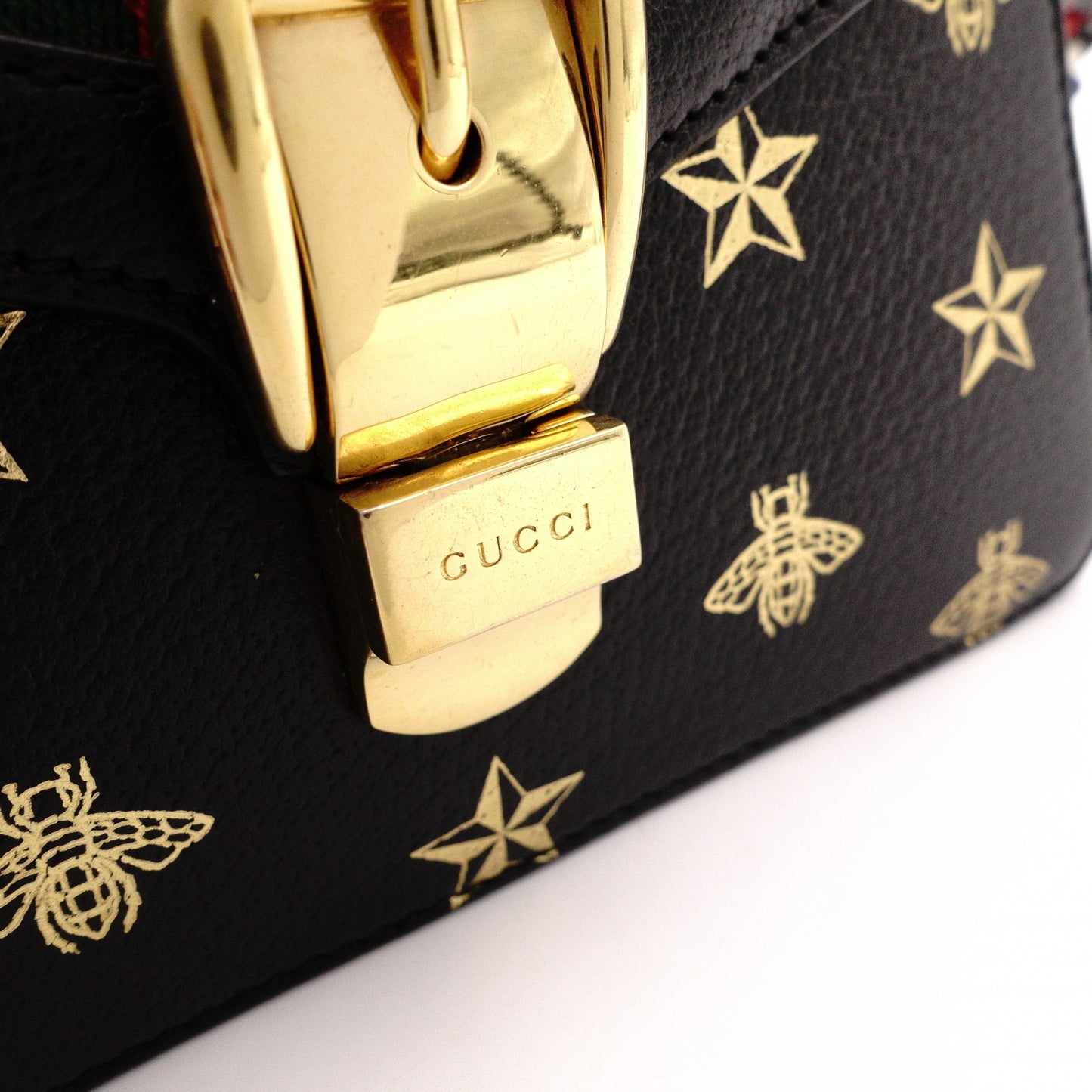 GUCCI Sylvie Bee & Star Print Sherry Line 2-Way Leather Shoulder Bag, Black, Women's