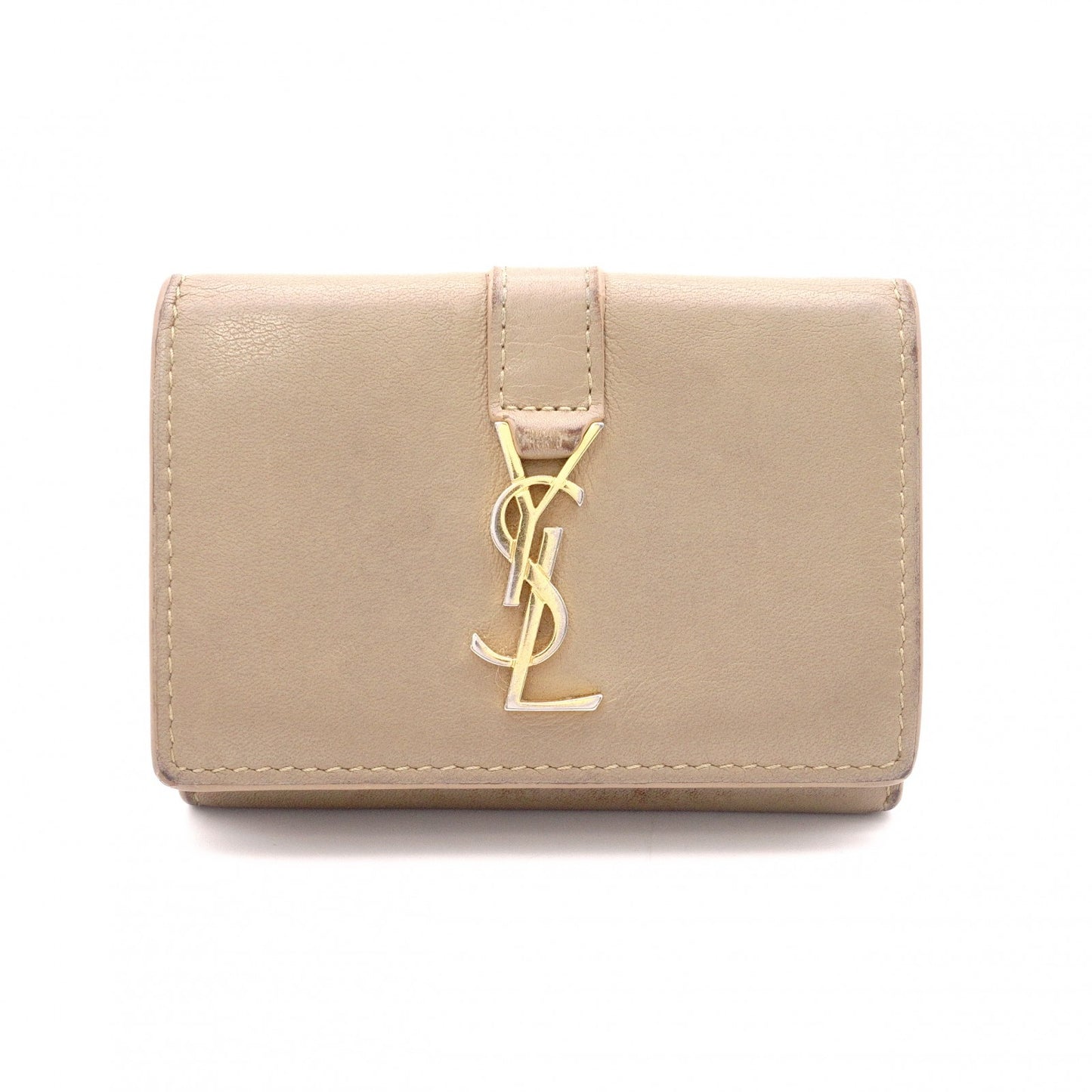 SAINT LAURENT Tiny Wallet Origami YSL Line Tri-fold Wallet Leather Beige Women's