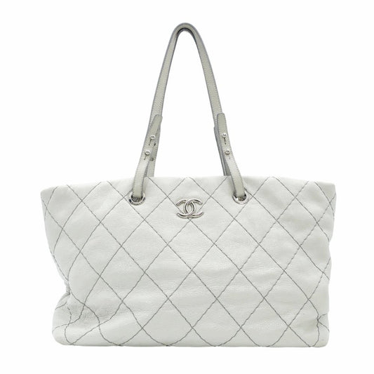 CHANEL Matelassé On the Road Tote Wild Stitch Light Gray Shoulder Bag Leather Silver Hardware 7-10-996