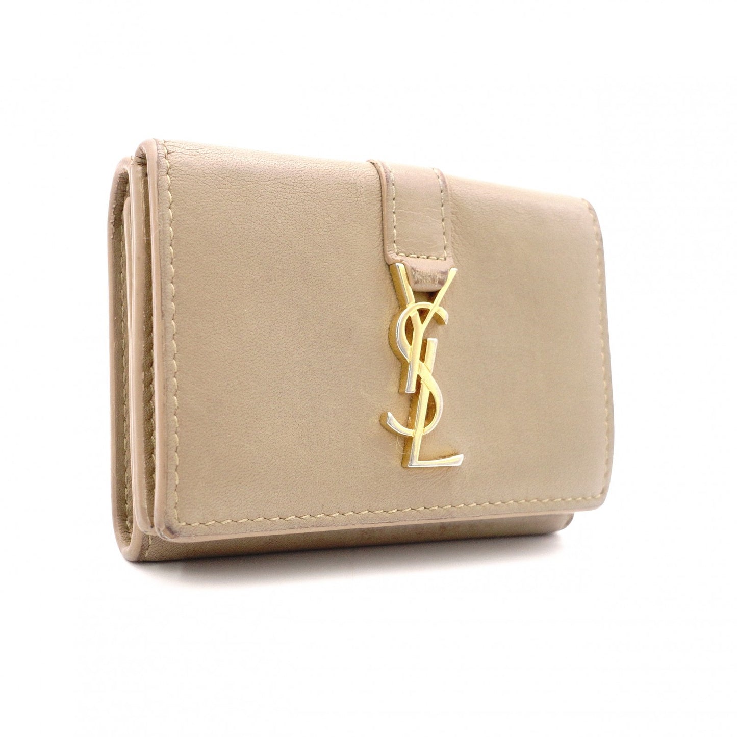SAINT LAURENT Tiny Wallet Origami YSL Line Tri-fold Wallet Leather Beige Women's