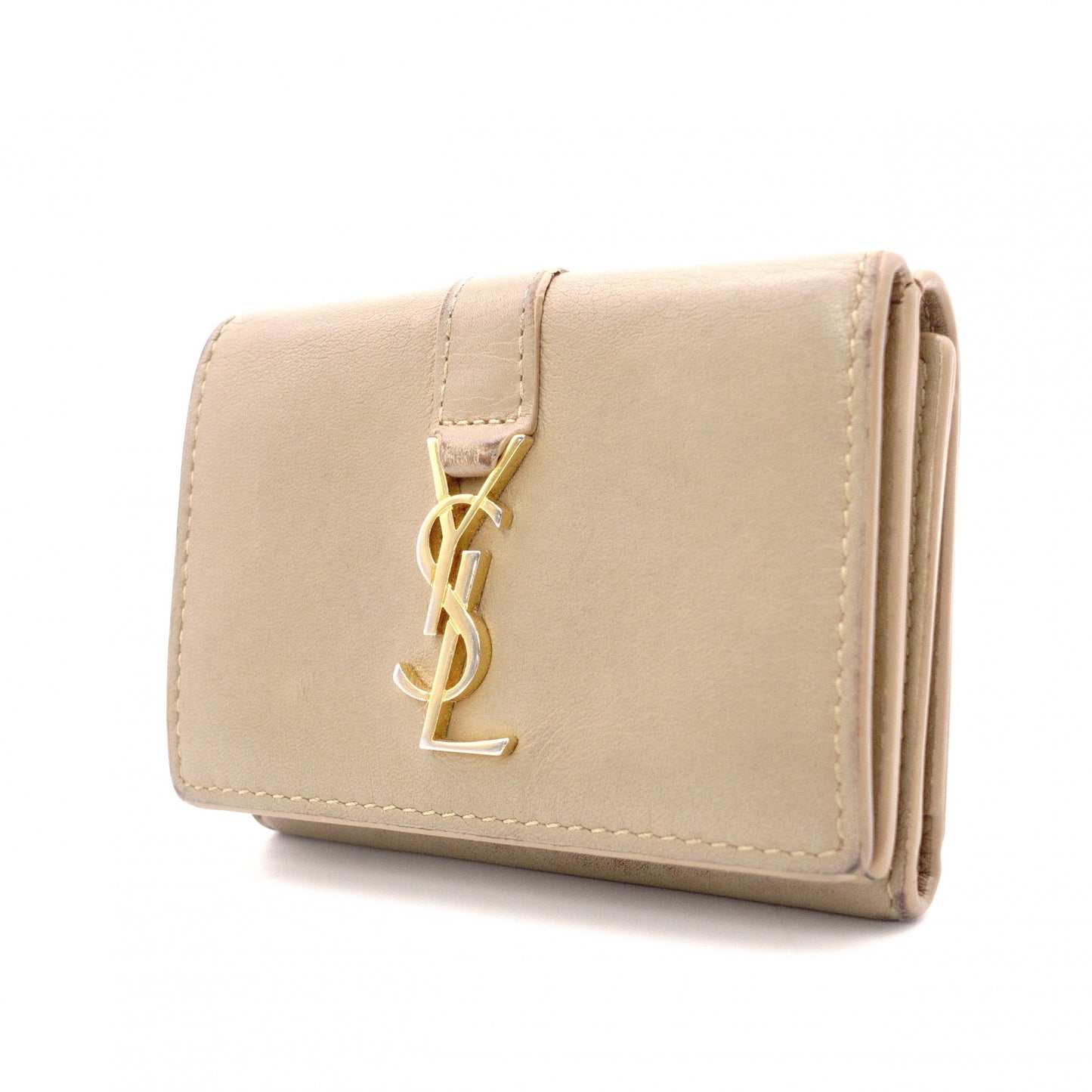 SAINT LAURENT Tiny Wallet Origami YSL Line Tri-fold Wallet Leather Beige Women's