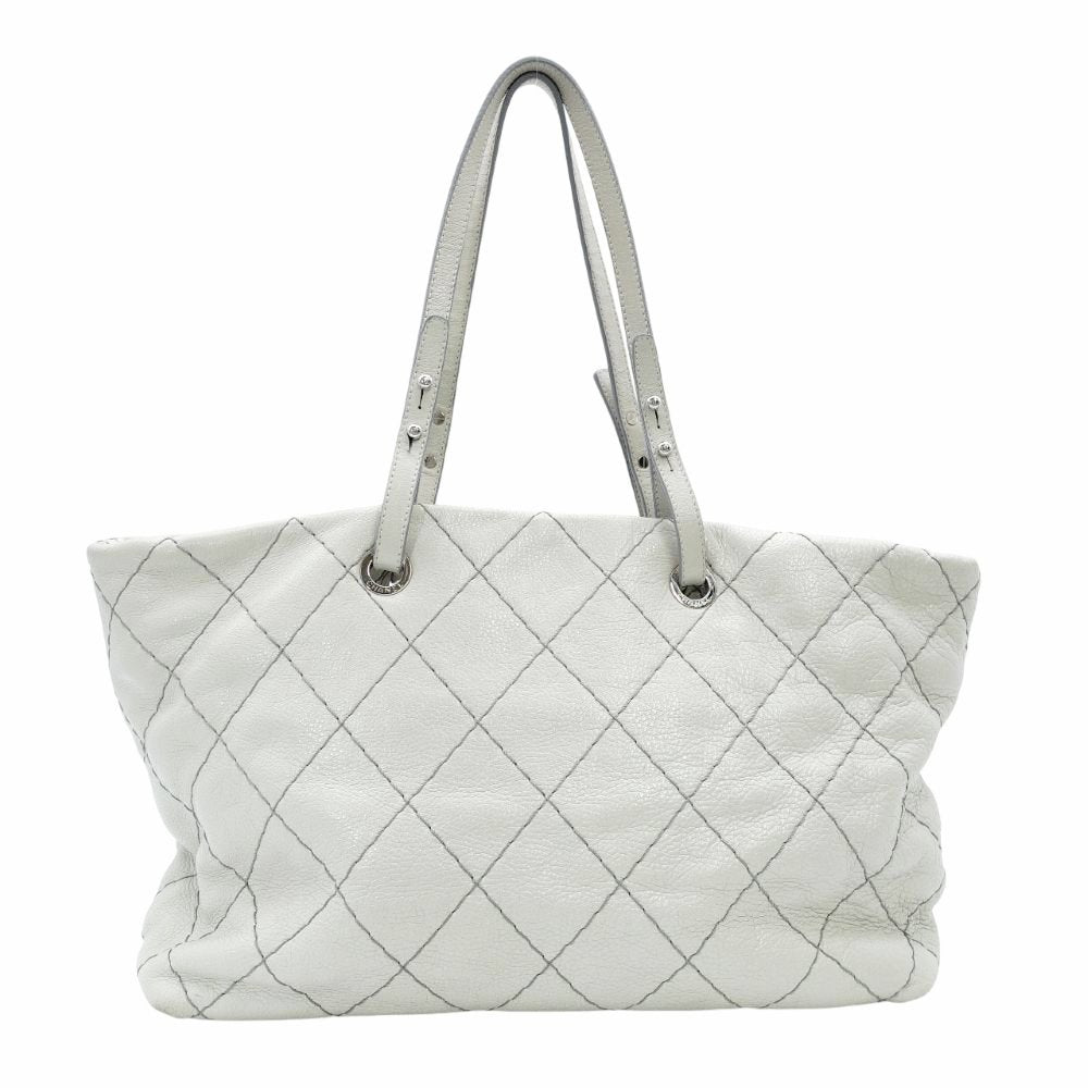 CHANEL Matelassé On the Road Tote Wild Stitch Light Gray Shoulder Bag Leather Silver Hardware 7-10-996