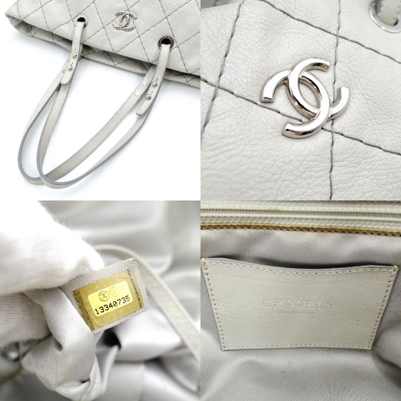 CHANEL Matelassé On the Road Tote Wild Stitch Light Gray Shoulder Bag Leather Silver Hardware 7-10-996