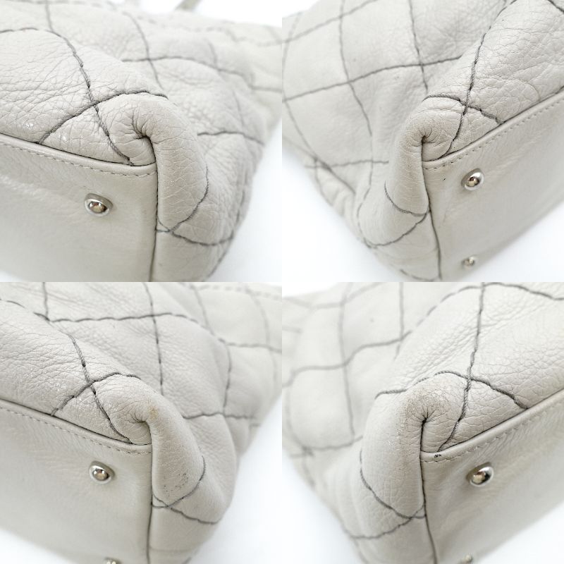 CHANEL Matelassé On the Road Tote Wild Stitch Light Gray Shoulder Bag Leather Silver Hardware 7-10-996