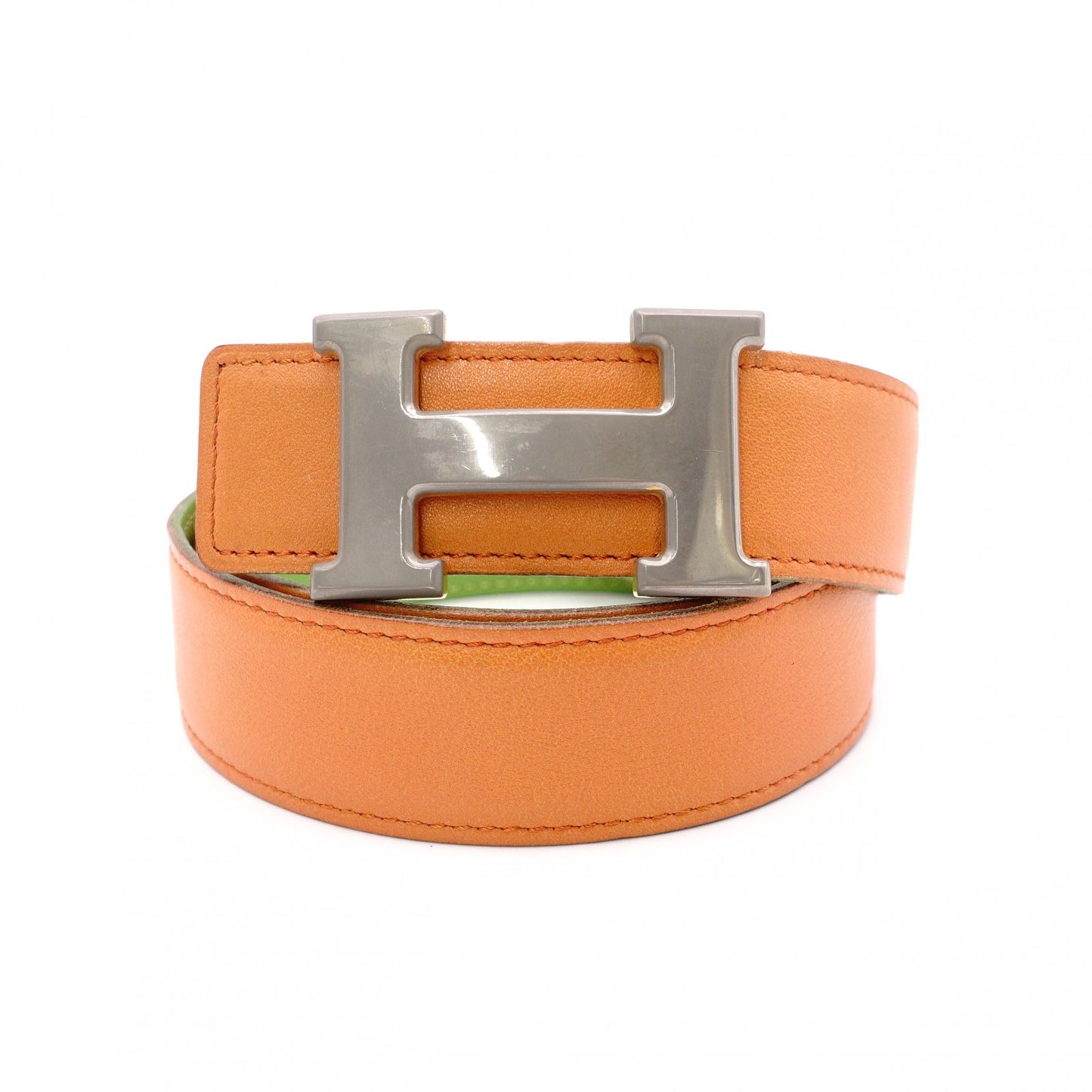 HERMES H Belt, Leather, Orange and Green, Size 74