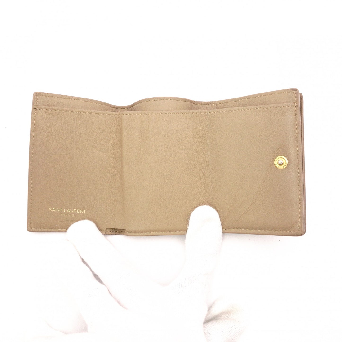 SAINT LAURENT Tiny Wallet Origami YSL Line Tri-fold Wallet Leather Beige Women's