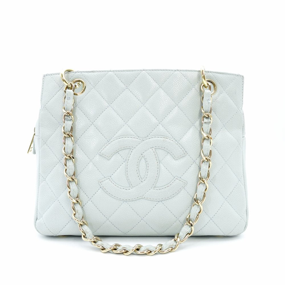 CHANEL Matelassé Caviar Leather Chain Shoulder Bag Light Blue Leather Gold Hardware 7-10-583