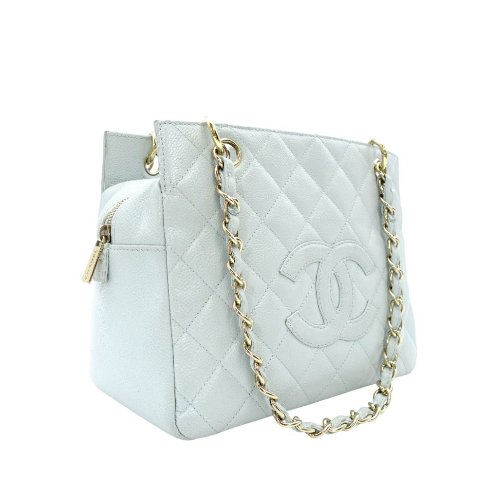 CHANEL Matelassé Caviar Leather Chain Shoulder Bag Light Blue Leather Gold Hardware 7-10-583