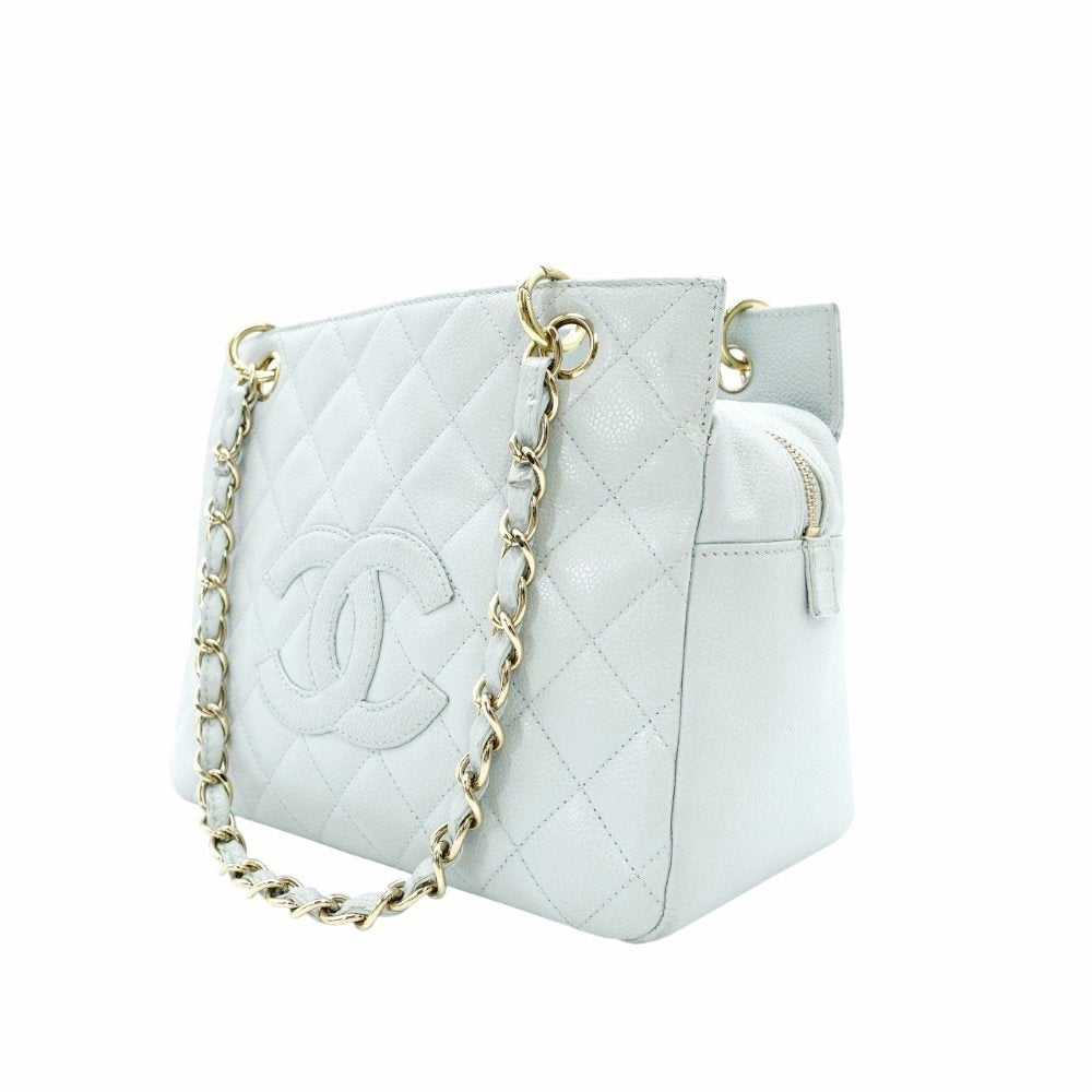CHANEL Matelassé Caviar Leather Chain Shoulder Bag Light Blue Leather Gold Hardware 7-10-583