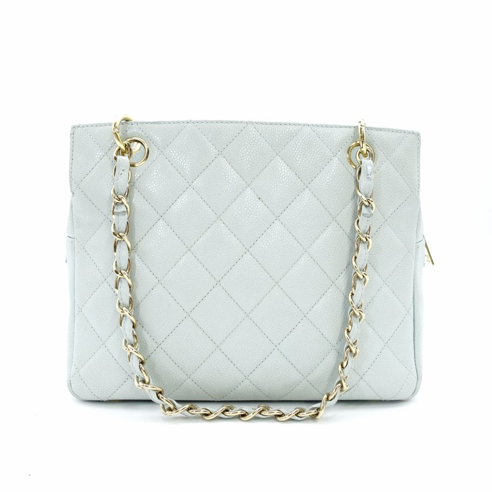 CHANEL Matelassé Caviar Leather Chain Shoulder Bag Light Blue Leather Gold Hardware 7-10-583