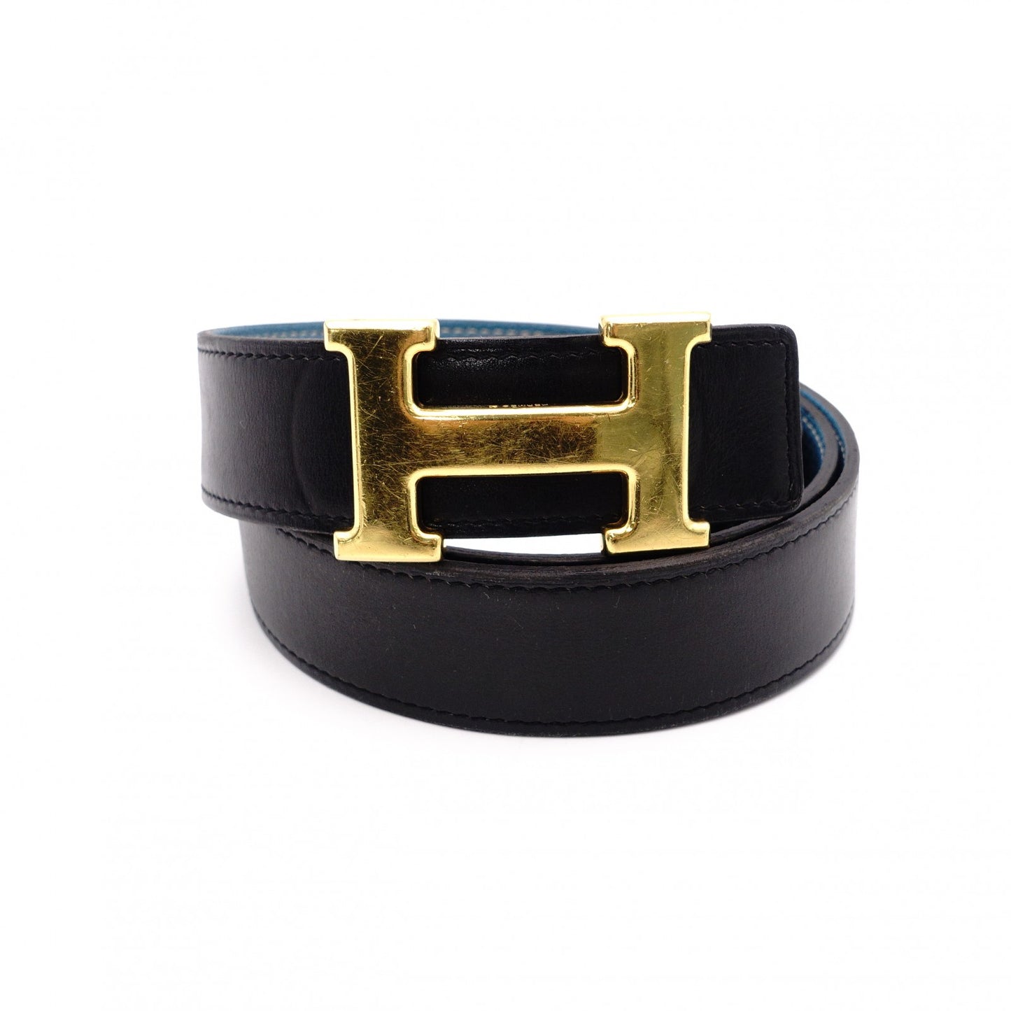 HERMES H Belt, Leather, Black and Blue, Men's, Reversible