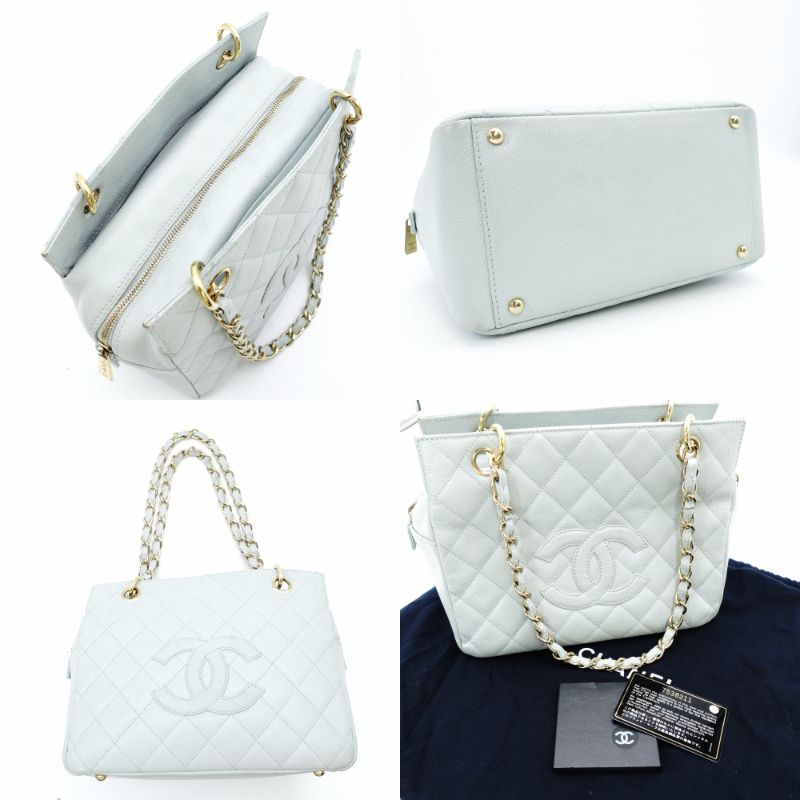 CHANEL Matelassé Caviar Leather Chain Shoulder Bag Light Blue Leather Gold Hardware 7-10-583