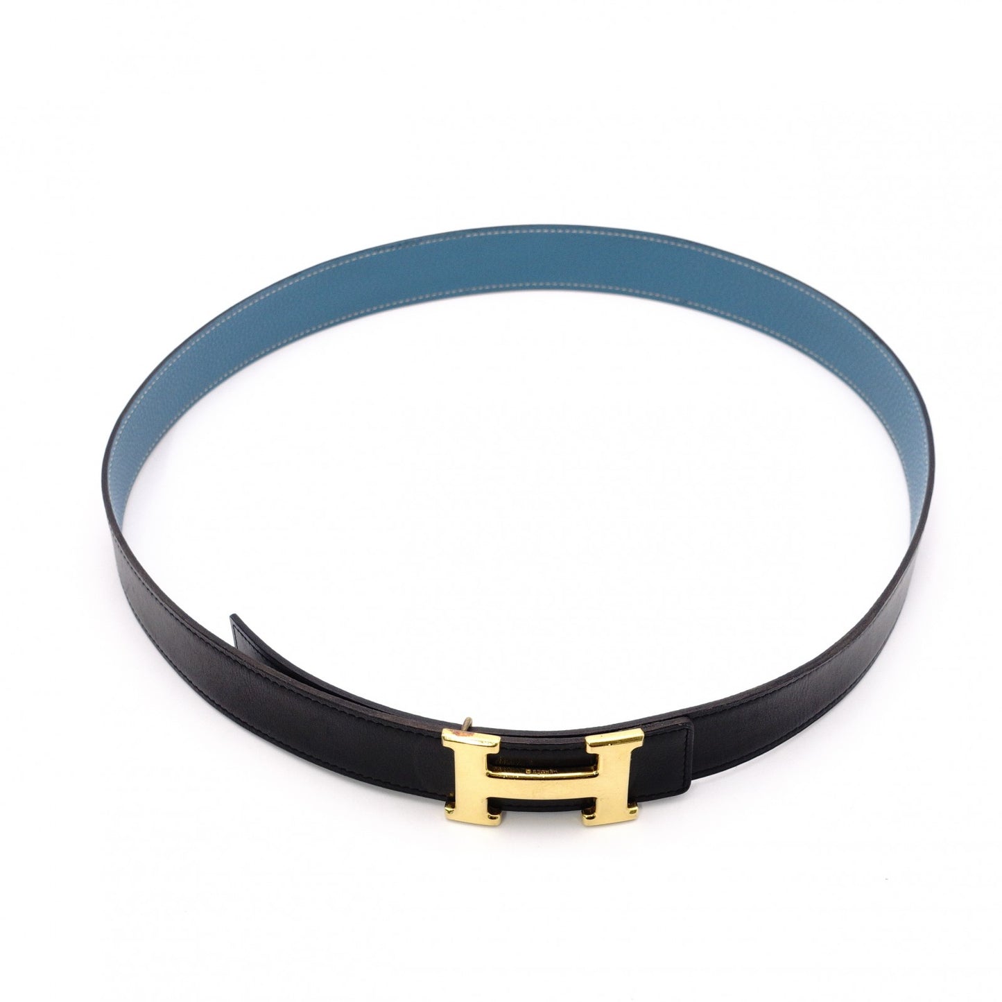 HERMES H Belt, Leather, Black and Blue, Men's, Reversible