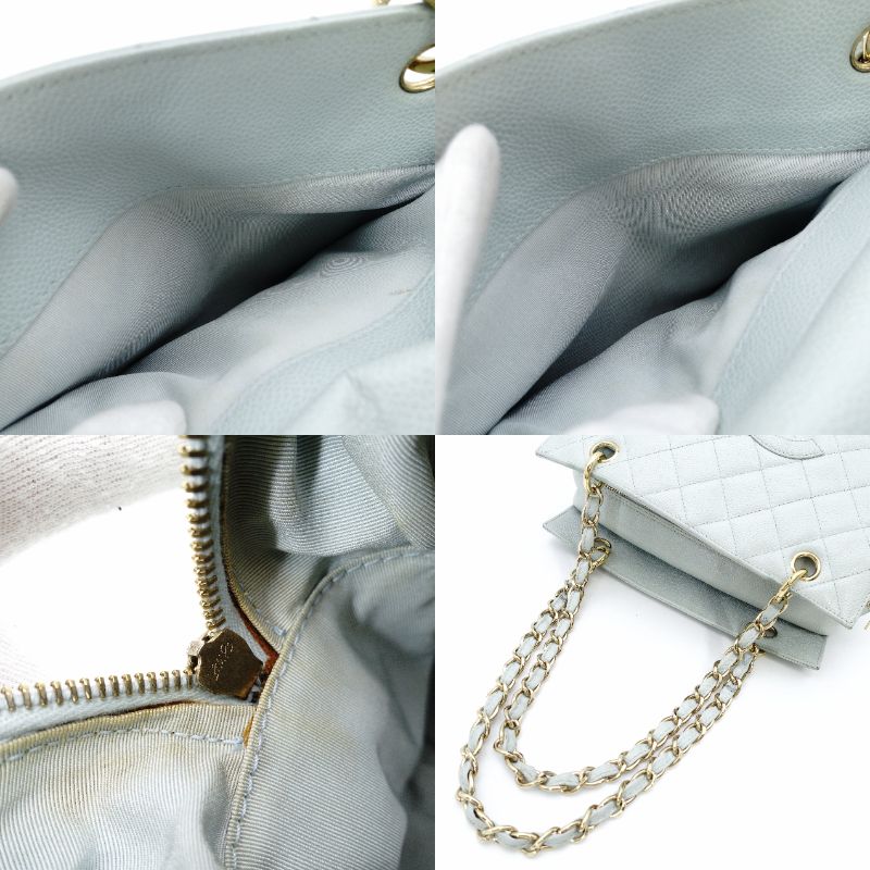 CHANEL Matelassé Caviar Leather Chain Shoulder Bag Light Blue Leather Gold Hardware 7-10-583