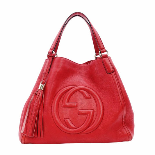 GUCCI Soho Tote Bag Red Leather Shoulder Fringe GG Logo 7-12-208