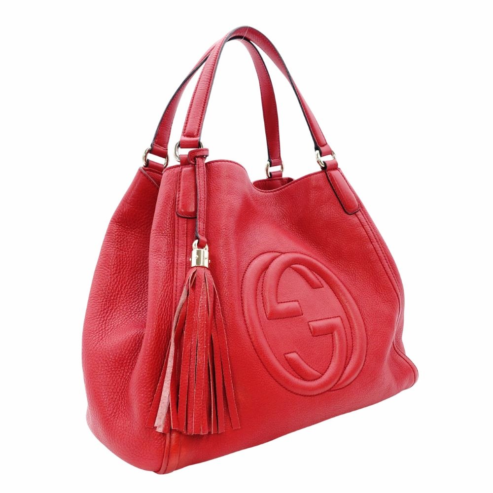 GUCCI Soho Tote Bag Red Leather Shoulder Fringe GG Logo 7-12-208
